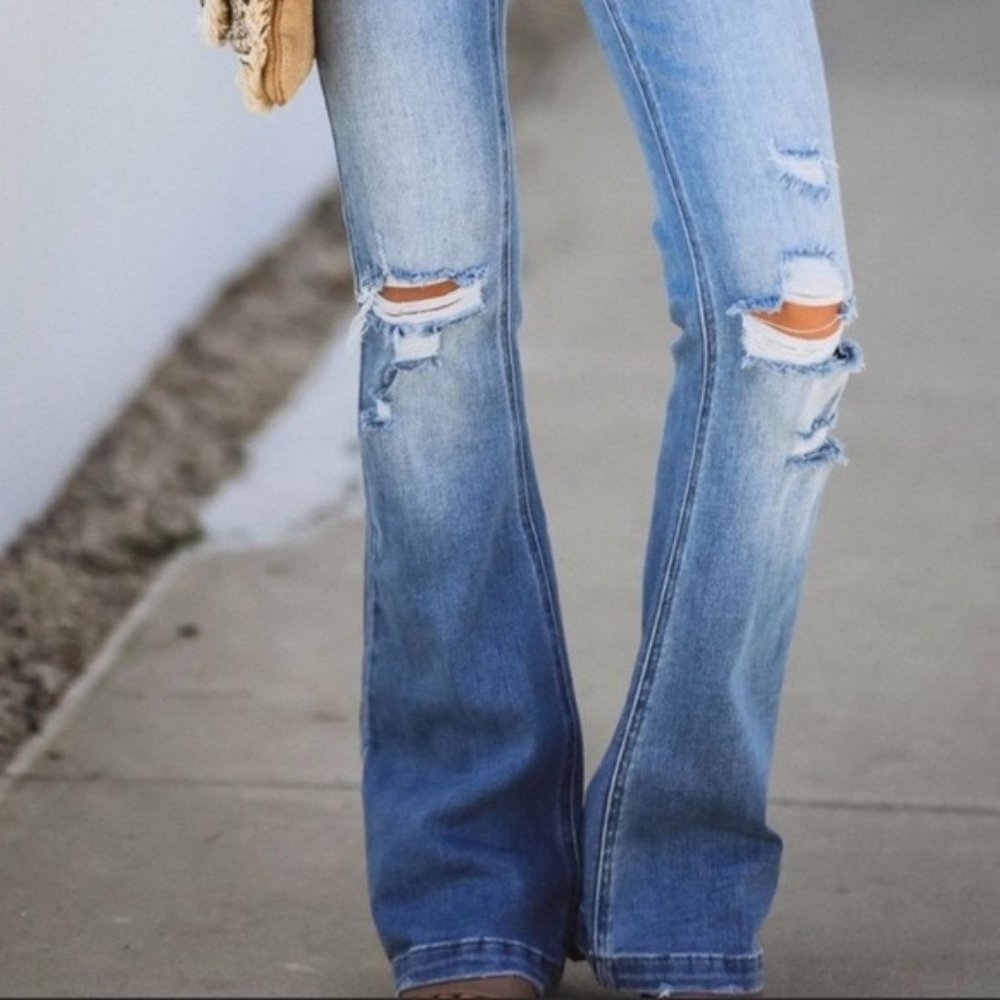 New Kan Can Distressed Button Fly Flare Leg Jeans - Picture 10 of 16